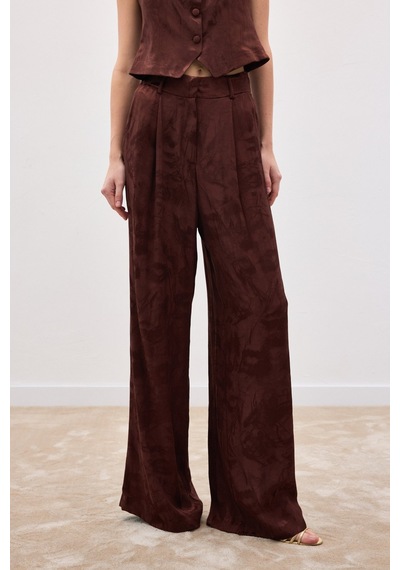 Sateen Jakarlı Bol Pantolon - Kahve-136817 Kahve
