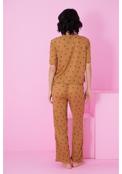 Siyah İnci Pointel Ajurlu/delikli Bisiklet Yaka Örme Pijama Takım Kahve Kelebek