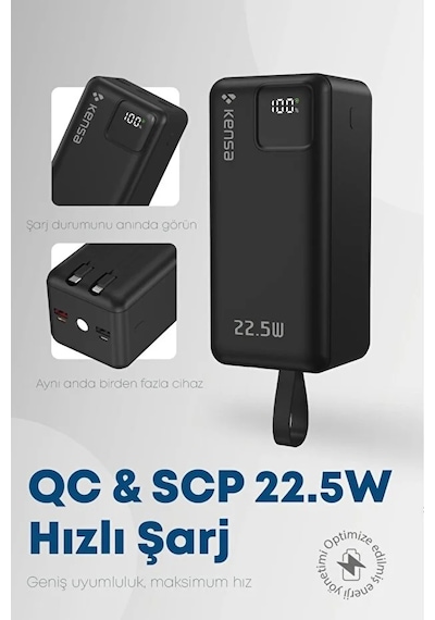 50.000 Mah Dijital Göstergeli Dahili Çoklu Kablolu Powerbank Süper Hızlı Şarj Taşınabilir Şarj Siyah