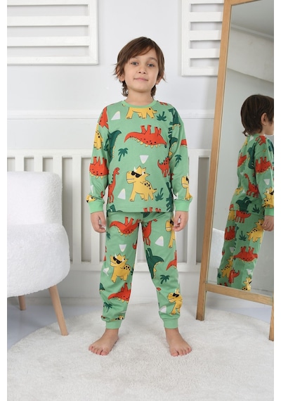 Zuzunga Dinozor Desenli Erkek Çocuk Pijama Takımı Yeşil Yeşil1