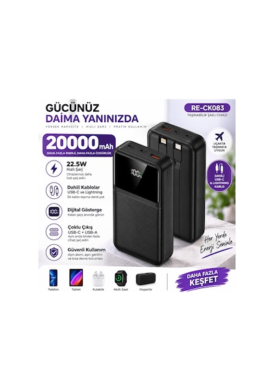20000 Mah 22.5w Hızlı Şarj Powerbank Dahili Type-c Ve Lightning Kablolu Dijital Göstergeli- Re-ck083 Diğer