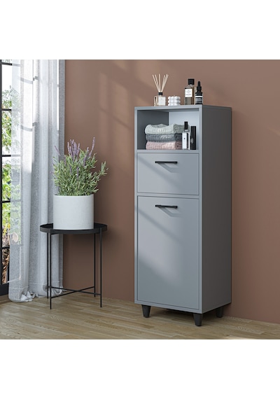 Çamaşır Sepetli Banyo Dolabı, Çok Amaçlı Çekmeceli Dolap 45 Cm Kül Gri