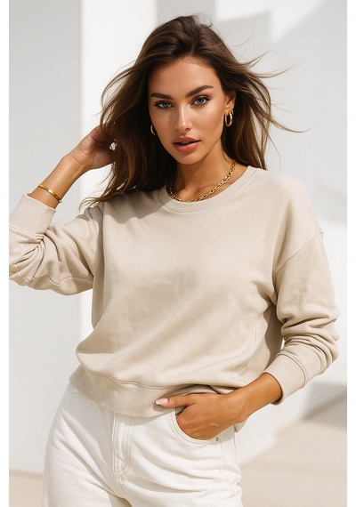 Kadın Bej Pamuklu İnterlock Oversize Sweatshirt Bej
