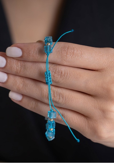 14 Ayar Altın Mavi Taşlı Dorika İpli Bileklik 5 Mm Sarı Altın