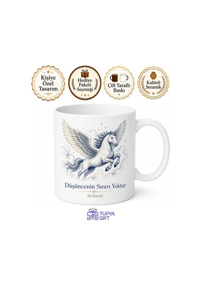 Pegasus Kanatlı At Çizimli Sınır Tanımayan Özgür Düşünce Kupa Bardak Hediye Beyaz / Çok Renkli