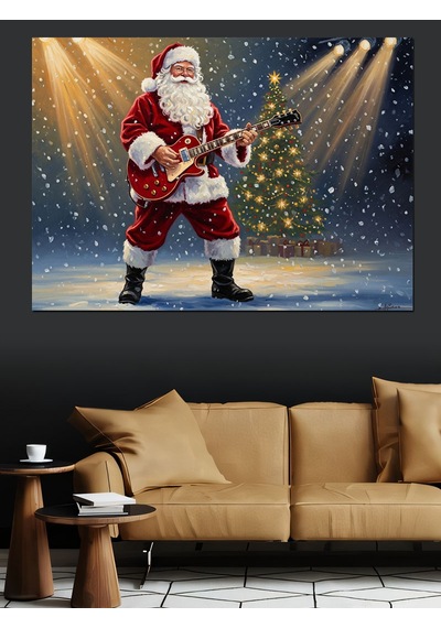 Gitar Çalan Noel Baba Figürü Dekoratif Kanvas - Mdf Ahşap Tablo