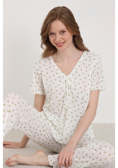 Elitol Jakarlı Viskon Bağlamalı Kadın Pijama Takımı Desenli-4