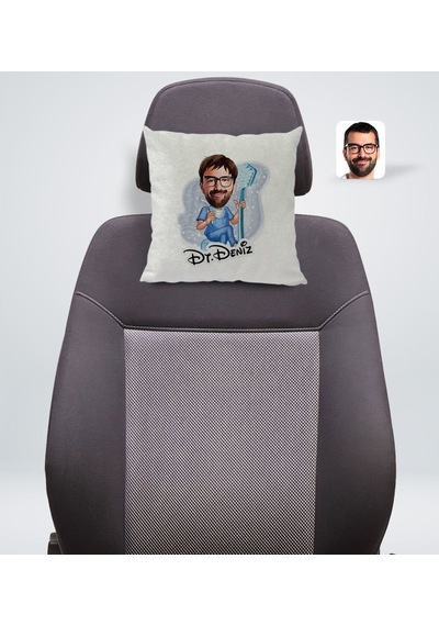 Bk Gift Kişiye Özel İsimli Erkek Diş Hekimi Karikatürlü Kare Araç Koltuk Yastığı-2 Çok Renkli