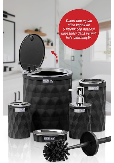 Okyanus Home Diamond Siyah Kromlu Click Kapak Banyo Seti 5'li Siyah