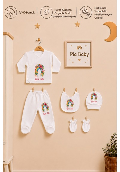 Pia Baby Kız Bebek 5'li Zıbın Seti %100 Pamuk İsimli Kişiye Özel Organik Baskılı 1005z3x Krem
