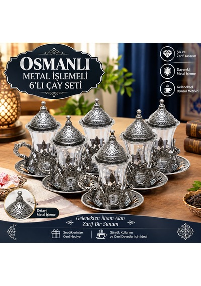 6 Kişilik 30 Parça Çay Bardağı Takımı Eskitme Siyah Renk Füme