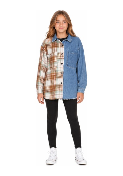 İrem Kız Çocuk Yarı Kot Yarı Triko Model Ekose Desenli Çıtçıt Kapamalı Oversize Mavi Kot Gömlek Ceket İrem Kız Çocuk Yarı Kot Yarı Triko Model Ekose Desenli Çıtçıt Kapamalı Oversize Mavi Kot Gömlek Ceket