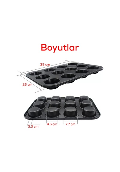12'li Yapışmaz Muffin Cupcake Kek Kalıbı Karbon Çelik Siyah Diğer