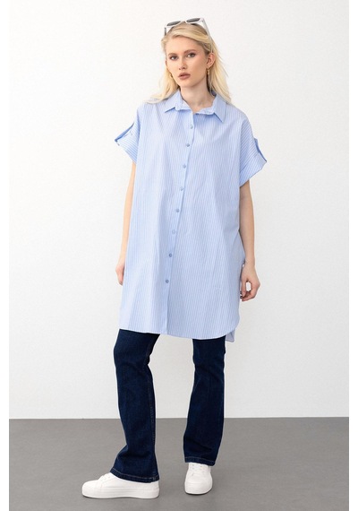 Olcay Yandan Yırtmaçlı Çizgili Poplin Tunik Açık Mavi 9283