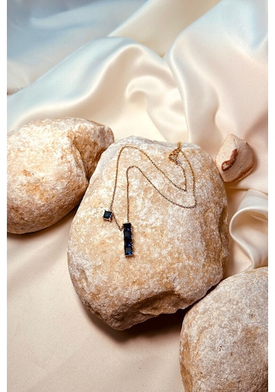 Luxury Safir Taşlı Gold Renk Kadın 316l Çelik Zincir Kolye