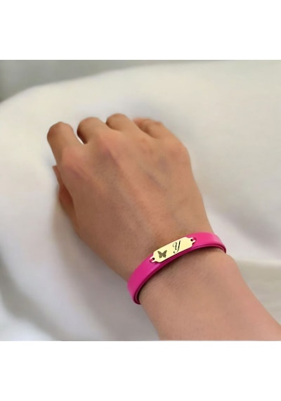 Archin Y Harfine Özel Kelebek Figürlü 14 Ayar Altın Plakalı Doğal Pembe Derili Hediye Bileklik-651harf Y