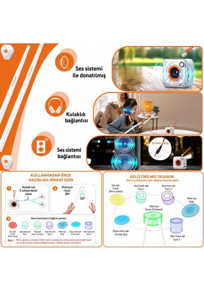 Gamsing Taşınabilir Sanal Hava Baterisi Air Drum Set - Dahili Hoparlörlü & Led Işıklı Elektronik Davul Bageti