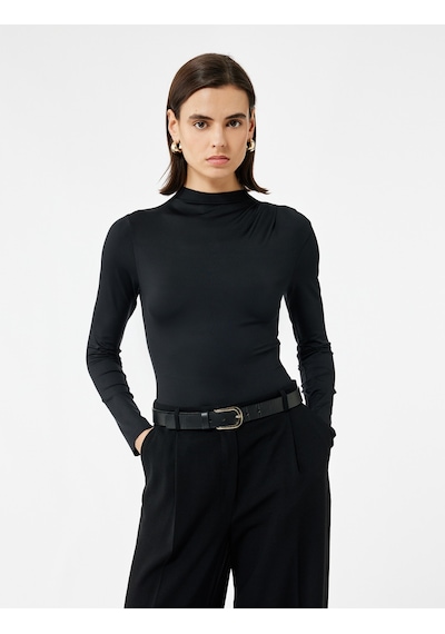 Koton Slim Fit Hafif Dik Yaka Drape Detaylı Uzun Kollu Bodysuit Siyah 6wak80083ek Siyah