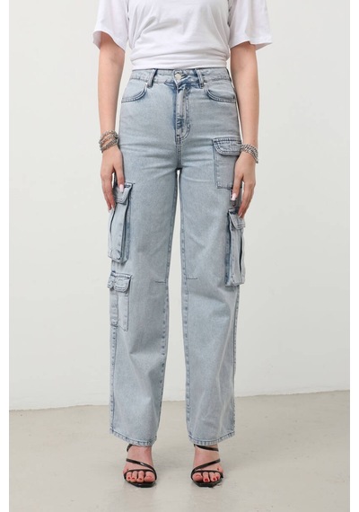Kadın Baggy Kalıp Kargo Cepli Jean Pantolon Mavi 001