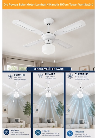 Dlc Poyraz Bakır Motor Lambalı 4 Kanatlı 107cm Tavan Vantilatörü Beyaz