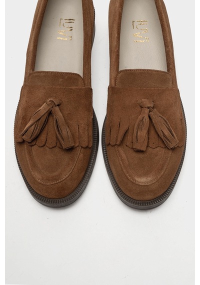 Luvishoes Luvi Shoes Milina Toprak Süet Püsküllü Hakiki Deri Kadın Loafer Ayakkabı Toprak
