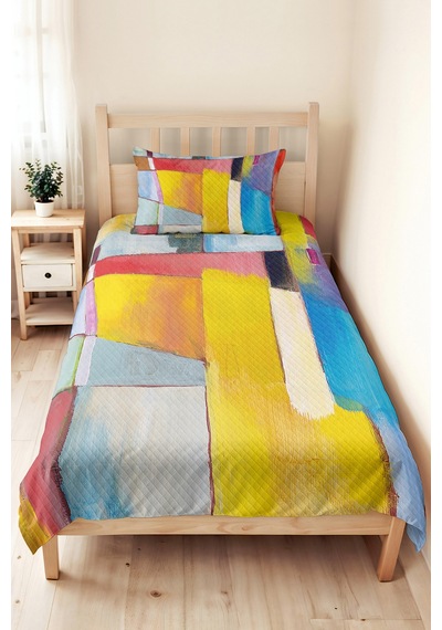 Geometrik Sarı Mavi Genç Odası Tek Kişilik Pike Takımı - Modern Renk Bloklu 160x220 Cm Yatak Örtüsü Kuşluk İz Aurası