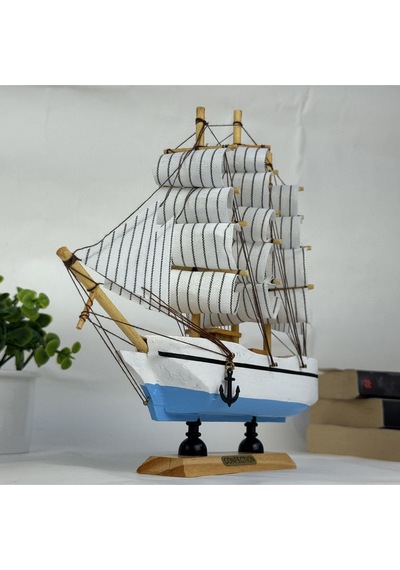 Ahşap El Yapımı Yelkenli Model Biblo, Dekoratif Masaüstü Gemi Maketi, Ev Ofis Dekoru, 24 Cm