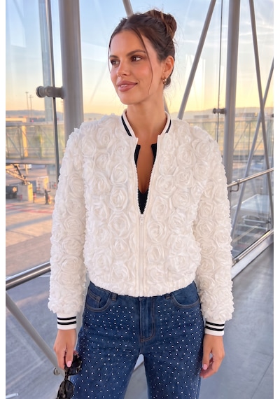 Weshaya New Collection Kadın Yeni Sezon, Beyaz, Gül Süzüneli, Fermuarlı Ceket Mont