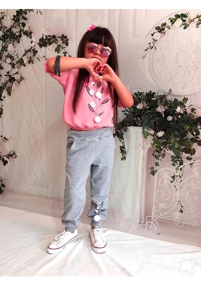 Quzucuk Kids Kız Çocuk Pamuk Figürlü Pembe Eşofman Takımı Pembe