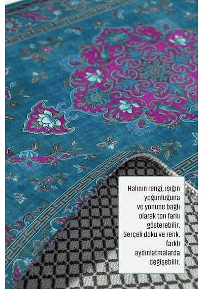 Turkuaz Fuşya Geleneksel Çiçek Desenli Dekoratif Halı 3044-3 Mavi