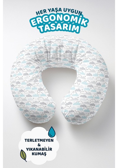 Bulut Desenli Pamuklu Boyun Yastığı - Pastel Mavi Gri Çocuk & Yetişkin Seyahat Yastığı Soft Adaçayı Bronz