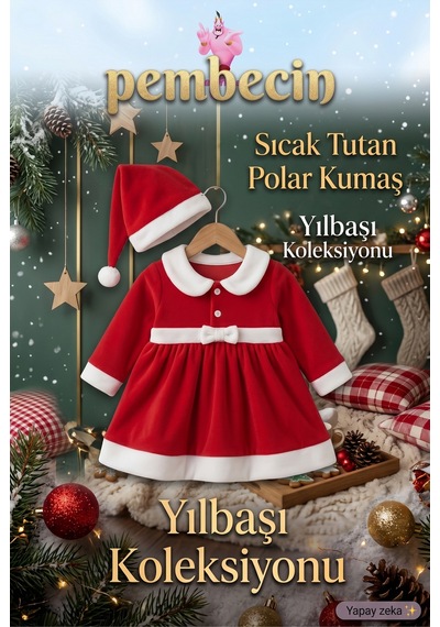 Pembecin Kız Bebek Yılbaşı Kostümü, Şapkalı Kırmızı Noel Baba Bebek Elbisesi Seti
