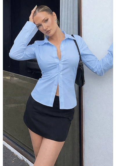 Madmext Açık Mavi Vücuda Oturan Slim Fit Kadın Gömlek Mg2659 Açık Mavi
