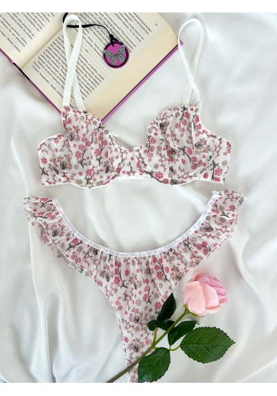 Arinda Butterfly Ekru Tül Çiçek Desenli Balenli Kapsız Fırfırlı Bralette Sütyen Tanga İç Çamaşırı Takımı Alt Üst 2 Parça