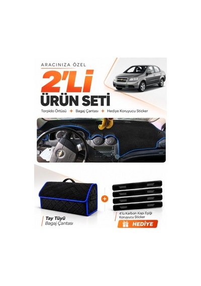 E-biz Chevrolet Aveo T250 2006-2011 Uyumlu Torpido Örtüsü + Tay Tüyü Çanta - Siyah-mavi - Ch008