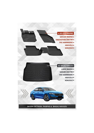 Sahler Skoda Octavia 2020+ Uyumlu 4.5d Premium Havuzlu Oto Paspas Ve Liner Marka 3d Bagaj Havuzu