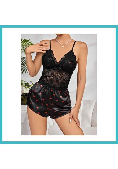 Bezos Kadın Siyah Kırmızı Kalp Desenli Saten Şort Pijama Takımı 2232 Beden: L/xl Renk: Siyah Dfnbez