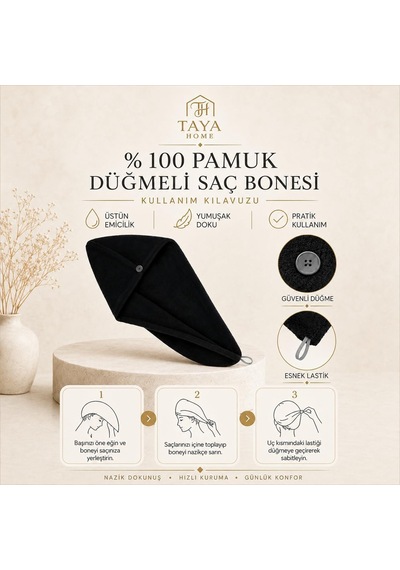 Taya Home%100 Pamuk Saç Kurutma Bonesi Düğmeli Havlu Saç Bonesi Hızlı Emici Banyo Duş Saç Havlusu