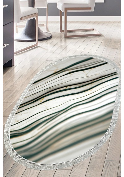Alanur Home Kaymaz Dijital Mutfak & Salon Halı Star Pamuk Saçaklı Oval Mermer E5032 Beyaz