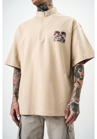 Respire Erkek 22 Baskılı Yarım Fermuarlı Oversize T-shirt Bej
