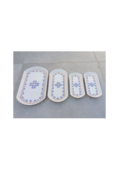 Ottoman 4 Parça Seramik Oval Kayık Kahvaltı Sunum Tabağı Seti Mavi