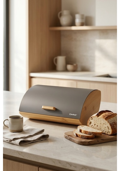Cooker Novella Metal Kapaklı Bambu Ekmek Kutusu Ckr4543 Gri