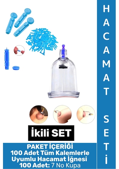 Hacamatseti Tüm Kalemlerle Uyumlu Parmak Delme 100 Adet İğne 100 Adet 7 No Kupa İkili Hacamat Seti