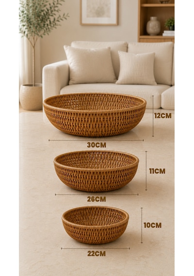 3'lü Hasır Sunumluk Sepet Badya Leğen Tabak Kase - Masaüstü Organizer Rattan Sunum Meyvelik - Ekstra Kaliteli Çelik Rattan
