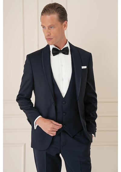 Efor Black 078 Slim Fit Çıkarılabilir Saten Yaka Cerutti Kumaş Yelekli Lacivert Damatlık Smokin Takım Lacivert