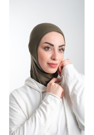 Hürrem Bone Haki Pratik Hazır Geçmeli Tesettür Bone Sandy Kumaş Spor Hijab 21 Haki