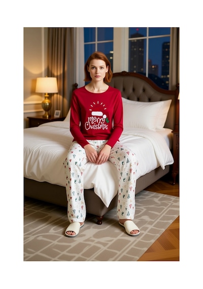 Ersefa Kadin Kirmizi Yılbaşı Desenli Pamuk Polyester Pijama Fonksiyonel Kırmızı