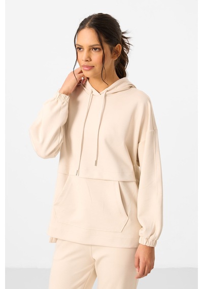 Bej Yumuşak Dokulu Kapüşonlu Oversize Kadın Eşofman Tunik Takım - 95348 Bej