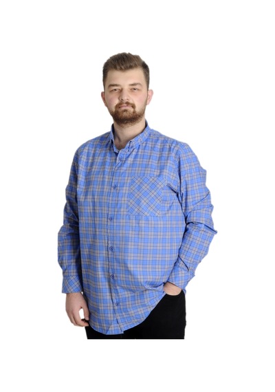 Mode XL Büyük Beden Erkek Ekose Uzun Kollu Cepli Gömlek 23300 Açı Saks Mavi