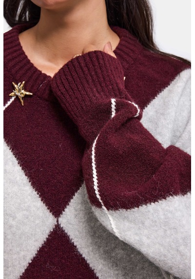 Kadın Bordo Gri W6-35 Oversize Baklava Desenli Aksesuar Detaylı Tasarım Triko Kazak